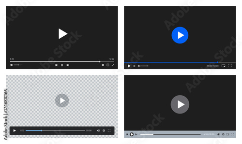 Video player. Media interface with screen and control icons, play button. Multimedia online player for computer website movie, phone stream app. Vector isolated template set