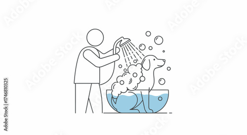 Person bathing a dog in a tub with soap and water, using a shower head.