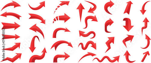 3d red arrow. Right and left, up and down arrows, direction pointers. Circular, curve volumetric cartoon sign, indicator and cursor, motion graphic. Vector isolated UI set