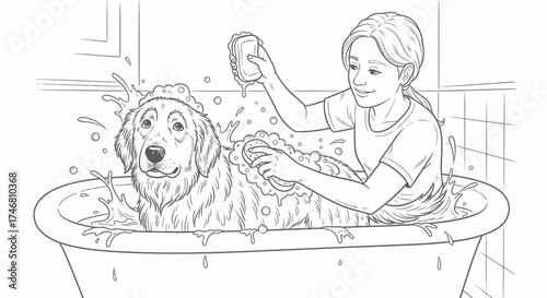 A girl is bathing her dog in a bathtub, using a sponge to wash him. The dog is covered in soap and water.
