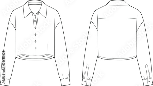 Cropped shirt front back, button up long sleeve blouse, fashion CAD flat sketch, vector illustration, technical drawing, garment template