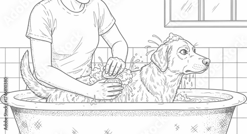 A person bathes a dog in a bathtub, washing its fur with a sponge, with tiled walls in the background.