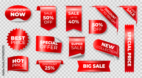 Realistic red label. Sale tag ribbon, new collection banner, price discount sticker. Product promotion badge, corner. Special offer business 3D emblem, header. Vector isolated set