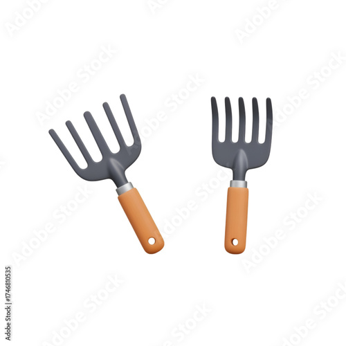 Two Handheld Garden Rakes with Orange Handles