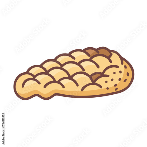 Vector art of, a charming cartoonstyle illustration of a goldenbrown, scalloped pastry, possibly a type of bread or turnover, with a textured surface