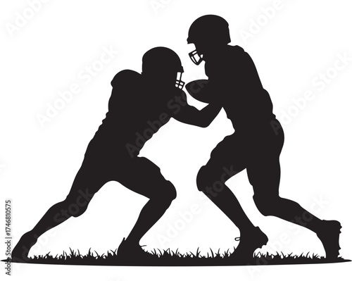 Dynamic silhouette of two american football players engaged in a powerful tackle on a white background