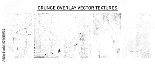 Grunge overlay vector texture set. Various texture like distressed noise and scratch, rough vintage grain effect and old concrete wall. Vector urban cracked dust overlay design. 