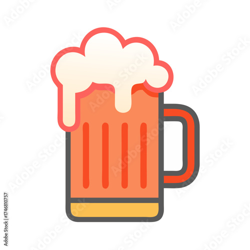 Vector art of a stylized illustration of a beer mug with frothy foam spilling over the top, presented in a flat design with bold outlines and a vibrant orange hue, isolated on a