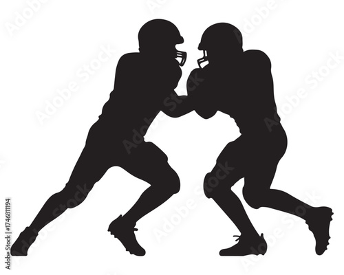 Two football players in a powerful stance locked in a struggle depicted in a stark black silhouette
