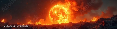 A fiery orb of intense heat and light explodes outwards, engulfing everything in its path with scorching flames Perfect for fantasy, magic, or destruction themes , fantasy, celestial