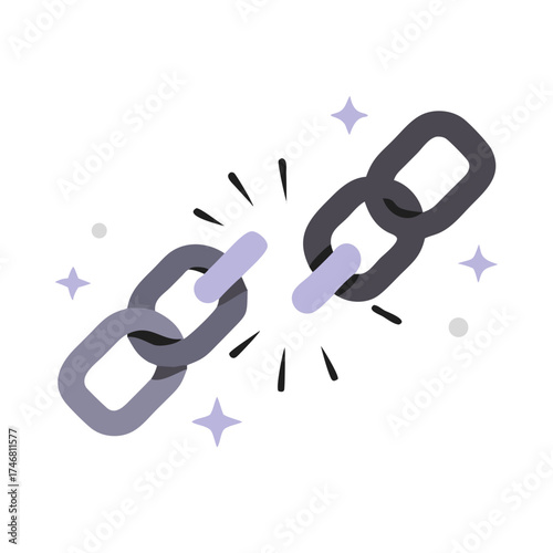 Illustration of a broken chain with purple links, symbolizing a broken connection, separation, or failure