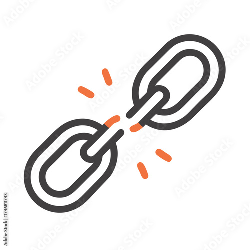 Vector art of vector graphic of a broken chain with orange accents, representing a severed connection, disconnection, or a break in a system