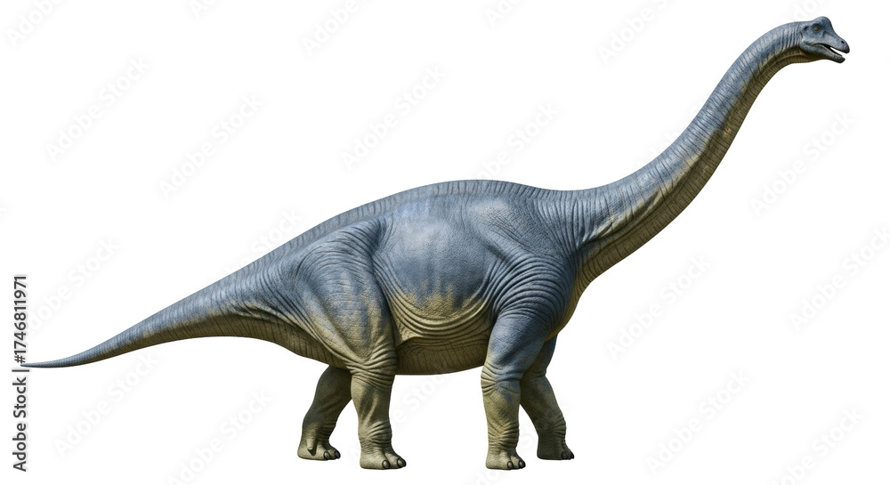 Obraz premium Isolated sauropod dinosaur on display, side view, a herbivorous giant with long neck and tail