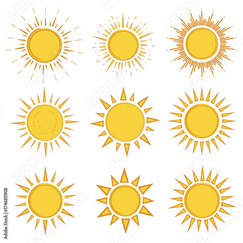 Collection of nine hand drawn yellow sun illustrations with radiating rays in a grid layout