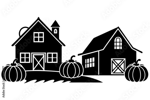 Farmhouse scene decorated with pumpkins and hay bales, silhouette vector illustration