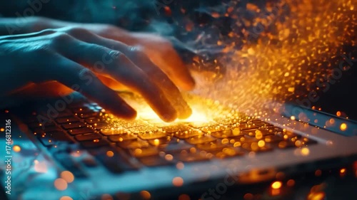 video A close-up view of someone working on their laptop, with hands moving quickly across the keyboard