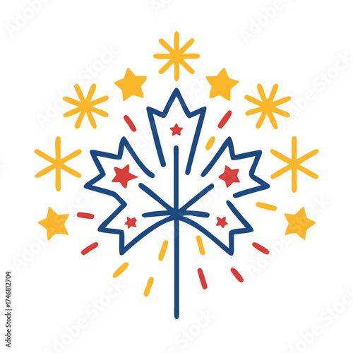 Vector art of stylized canadian maple leaf with fireworks and stars in blue, red, and yellow, isolated on a, representing national celebration and patriotism