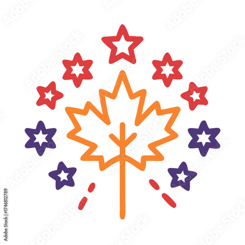 Vector art of stylized canadian maple leaf with fireworks and stars in orange, red, and purple, isolated on a, representing national celebration and vibrant energy