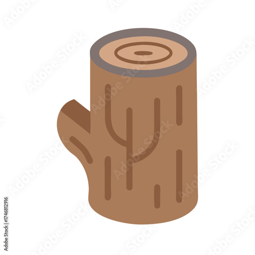 Vector art of a simple, stylized illustration of a tree stump, isolated on a, featuring a brown trunk with visible growth rings and a small branch stub