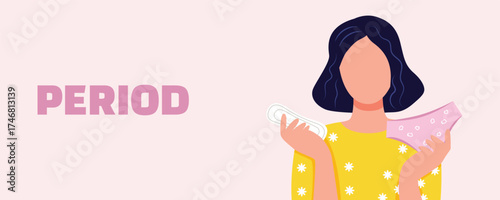 Vector illustration of a woman with a sanitary pad and panties on a pink background — women's period and menstruation banner. Gynecology and women's health