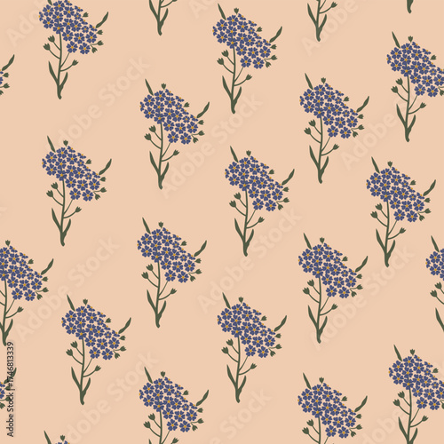 Repeating pattern of stylized forget-me-not flowers with small blue blossoms and green stems on a light peach background.