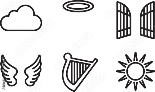 Heavenly symbols collection featuring clouds gates wings harp sun and halo