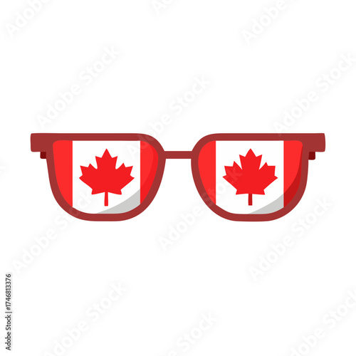 Vector art of redframed eyeglasses with the canadian flag reflected in the lenses, isolated on a