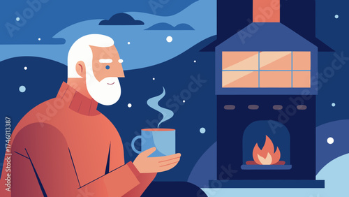 Elderly man with white beard enjoying hot drink by fireplace on snowy winter night