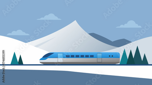 Modern high-speed train traveling through snowy mountain landscape with pine trees