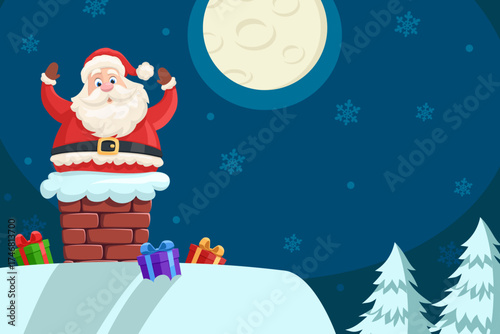 Santa Claus stuck in the chimney on the roof, space for text. Merry Christmas