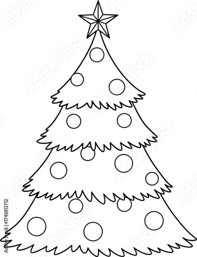 Simple Christmas Tree Line Art with Star and Ornaments - Ideal for Holiday Coloring, Crafts, and Festive Designs