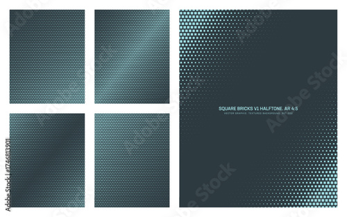Assorted vector square bricks dark cyan halftone pattern set in vertical 4:5 aspect ratio including diagonal faded frame and various angled textures. Varied mod half tone texture design element bundle
