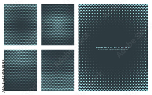 Assorted vector square bricks cyan halftone pattern set in vertical 4:5 aspect ratio including round smooth blurred frame and various radial textures. Varied modern half tone textured design elements
