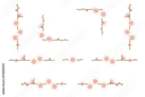 白梅のライン素材セット｜梅の花の飾り罫, 和風デザイン, 春の装飾, 年賀状, 正月, 梅の枝, 和柄, ベクター, 背景透過, フレーム素材