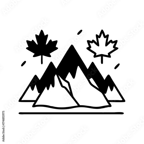 Vector art of stylized black and white illustration of canadian maple leaves and mountains, representing nature and national symbols