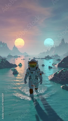 Astronaut Walking on Alien Planet with Two Suns – Sci-Fi Cinematic Landscape, 4K