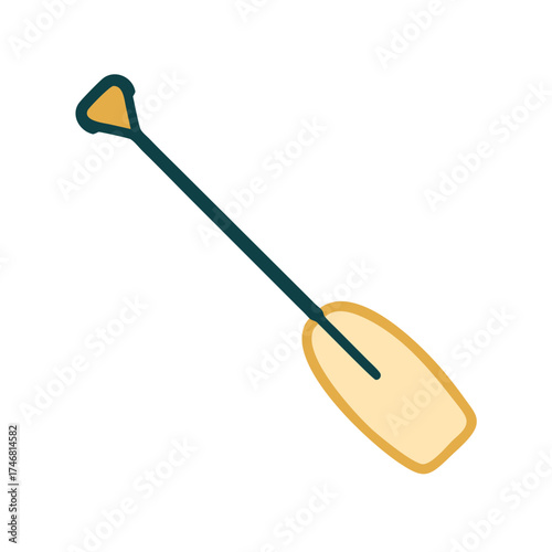 Vector art of a stylized cartoon drawing of a small shovel or spade isolated on a, with a yellow scoop and a dark green handle, suitable for gardening or beach play