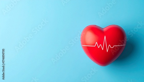 World Health Day concept featuring a red heart with visible heartbeat, symbolizing global well-being. The heart is placed against a blue background