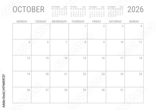 October Calendar 2026 Monthly Planner Printable A4 Monday Start	