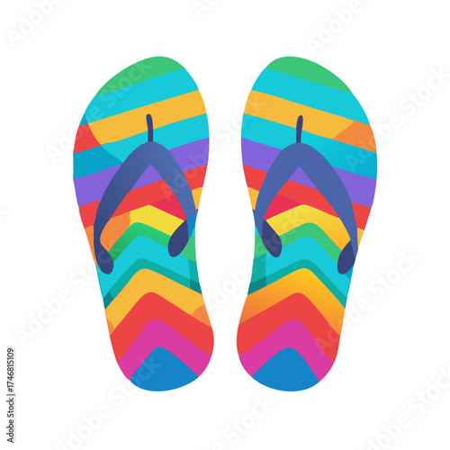 Vector art of a pair of vibrant flipflops featuring a colorful chevron stripe pattern in rainbow hues with blue straps, isolated on a, symbolizing fun and summer
