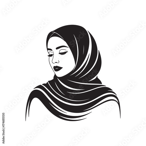Elegant black and white illustration of a woman wearing a hijab