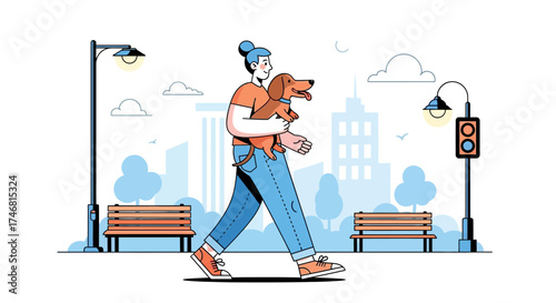 Pet Owner Walking with Dachshund Dog in Urban Park - Flat Vector Illustration