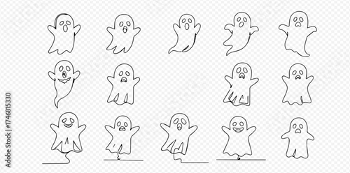 Collection of cartoon ghosts in various poses and expressions, outlined.