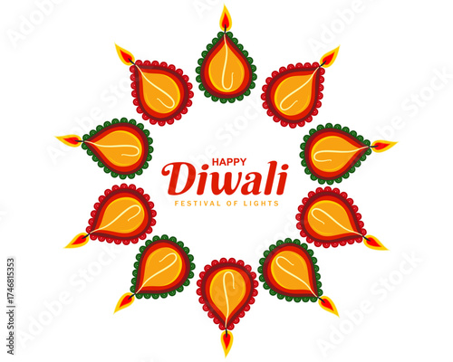 Happy Diwali festival of lights with decorative diya lamp rangoli vector illustration design