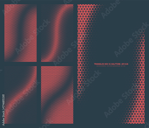Assorted vector triangles hexagonal grid red black halftone pattern set in vertical 9:16 aspect ratio including smooth curved twisted frame and various textures. Half tone texture design elements