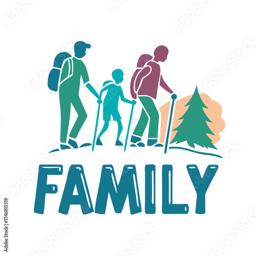 Vector art of stylized illustration of a family hiking with backpacks and trekking poles, with the word family prominently displayed below, symbolizing outdoor adventure and togetherness
