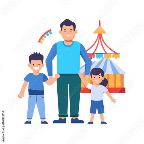 Vector art of a father and his two children at an amusement park, depicted in a flat design style, with a carousel and other attractions visible, highlighting family enjoyment and a day out