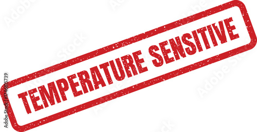 Grunge textured rectangular rubber stamp impression displaying important text indicating temperature sensitivity for specific items or packages