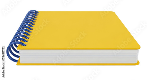 Isolated yellow notebook with blue spiral binding, blank pages, school or office supplies