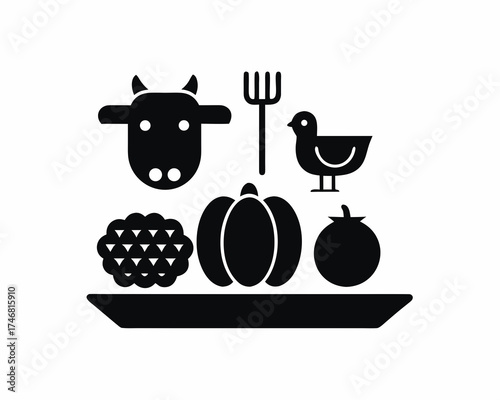 Farm animals set – cow, sheep, chicken, icon Thanksgiving harvest silhouette vector illustration